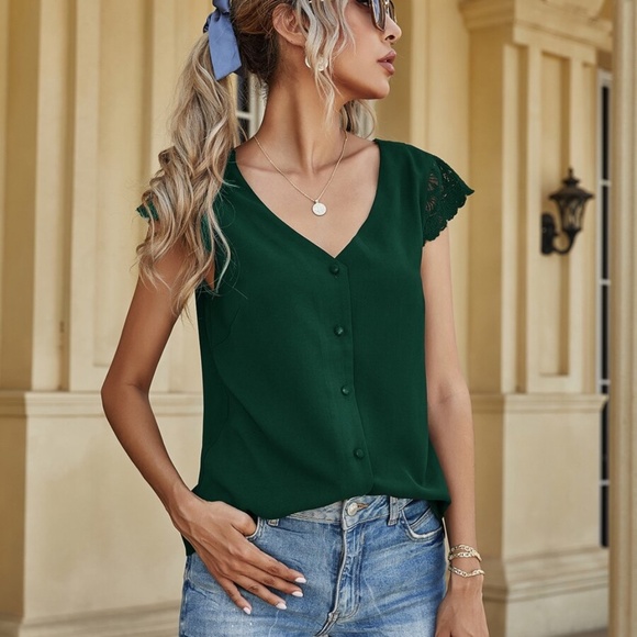 Black v neck button down lace low back detail top - Picture 5 of 14